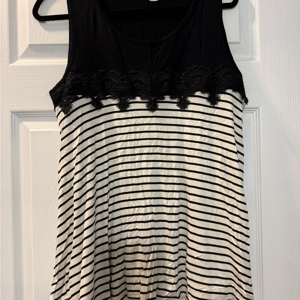 Lovely Melody Black and White Striped Tank with Lace